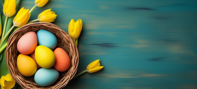 Easter holiday celebration banner greeting card banner with painted eggs in bird nest basket and yellow tulip flowers on blue backround wooden tabel texture. Top view, flat lay