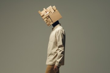 person stands with a cardboard box head brimming with parcels, an artistic representation of the weight of consumer culture - obrazy, fototapety, plakaty