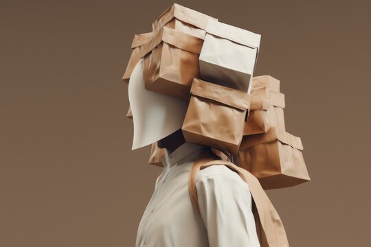 closeup person stands with a cardboard box head brimming with parcels, an artistic representation of the weight of consumer culture