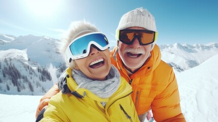 Energetic elderly couple enjoying skiing in the breathtaking Alps,