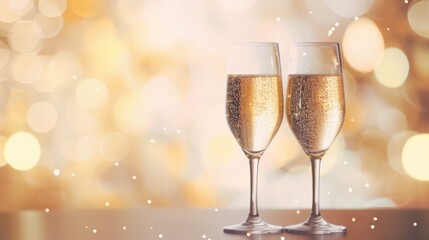 A festive photo of champagne glasses filled with sparkling wine against a shimmering gold bokeh background, perfect for celebrations and invitation cards.