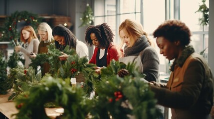 A group of people gathered around a table, creating and decorating festive Christmas wreaths during a joyful workshop.