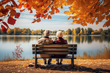 AI generated picture image of two people wife and husband enjoying beautiful autumn weather looking at a lake - obrazy, fototapety, plakaty