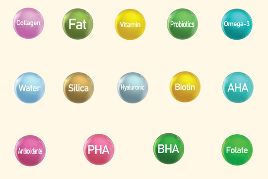 Set of essential supplement icons. Collage, fat, vitamin, probiotics, omega 3, water, silica, hyaluronic, biotin, aha, pha, bha, antioxidants, folate 3d icons