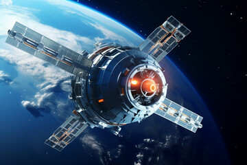 Obraz premium Telecom communication satellite orbiting around the globe earth generative AI