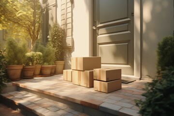 soft morning light kisses a stack of cardboard parcels neatly placed on the porch steps, a silent testament to the quiet diligence of modern delivery system
