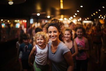 Young woman and a child are captured in a sport club, showcasing the ideal environment for promoting sports clubs tailored for families. - obrazy, fototapety, plakaty