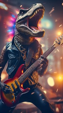 Rock Dinosaur Playing Guitar with Vibrant Background
