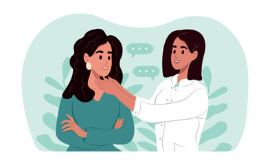 Fototapeta premium National Thyroid Awareness Month. Endocrinologist examining thyroid gland of woman. Endocrinologist deal with the diagnosis and treatment of the human thyroid gland.