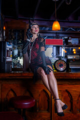 Roaring 20's flappers in basement speakeasy bar