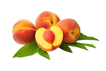 cut and whole fresh peaches with green leaves on white transparent PNG background