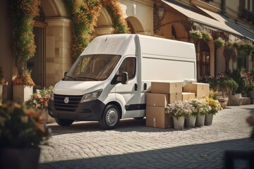 white delivery van is parked in a charming cobblestone street, with packages ready for delivery