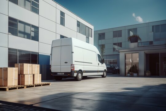 white delivery van is parked outside a modern building, ready to transport packages that are neatly arranged on pallets nearby