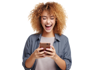 Happy woman using cell phone, cut out