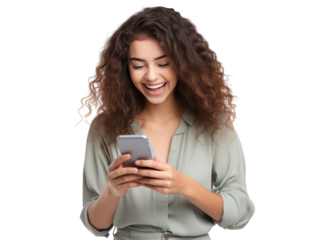 Happy woman using cell phone, cut out