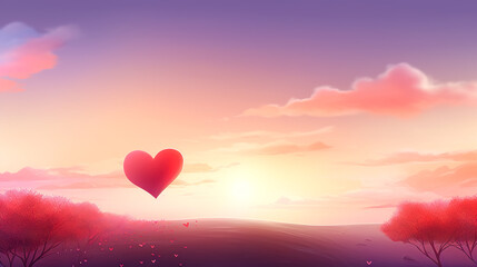 Heart on a pink meadow background at sunset.