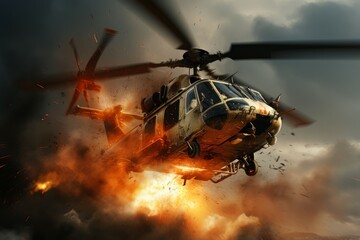 Horrific Helicopter crash war. Transport danger. Generate Ai