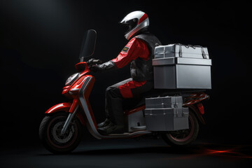 delivery courier in a vest and helmet rides a moped with a box for parcels, prepared to navigate through the city for fast delivery services, dark background