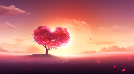 Surreal landscape with pink tree in the shape of heart at sunset sky.