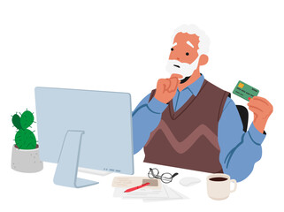 Elderly Man Stares At A Computer Screen, Bewildered By Online Payment Options. His Wrinkled Face Reflects Confusion