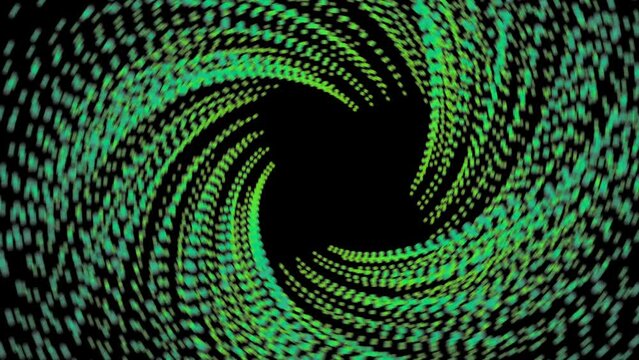 Green gradient dotted square spiral vortex circle. 3d squarish dots swirl pattern dots design. Squares particle tornado