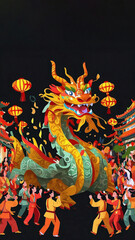 Chinese Dragon Dances in the streets and people watch the performance,  tradition of New Year celebrations Decoration.
