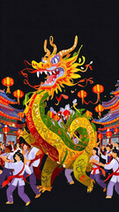 Chinese Dragon Dances in the streets and people watch the performance,  tradition of New Year celebrations Decoration.