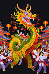 Chinese Dragon Dances in the streets and people watch the performance,  tradition of New Year celebrations Decoration.
