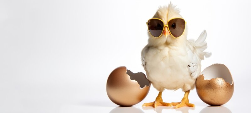 Funny easter concept holiday animal greeting card - Cool cute little easter chick baby with sunglasses and broken eggshells, easter eggs, isolated on white table background