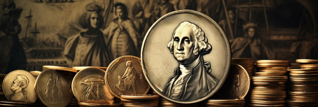 A portrait of George Washington on a vintage coin collection background with empty space for text 