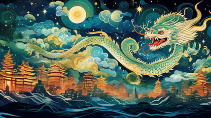 Chinese New Year. Green Chinese dragon over the city. - obrazy, fototapety, plakaty