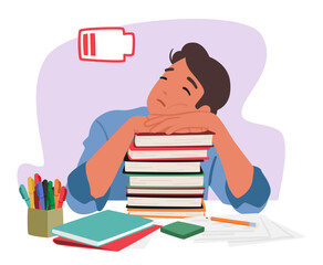 Exhausted Student Sprawls Over A Heap Of Books, Embracing Sleep Amidst The Knowledge, Cartoon Vector Illustration