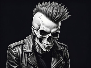 punk rock zombie skull with mohawk haircut and black leather biker jacket