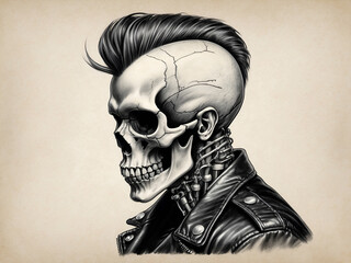 mutant rock biker skull with biomechanical engine neck and black leather motorcycle jacket