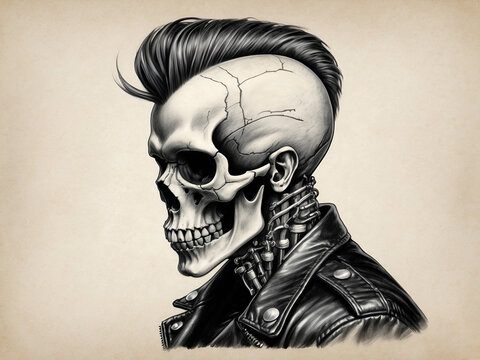 mutant rock biker skull with biomechanical engine neck and black leather motorcycle jacket