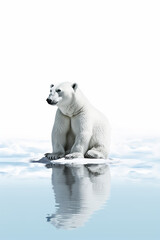 Scientific illustration of a single polar bear sitting on the last melting ice floe, sad, minimalistic, abstract