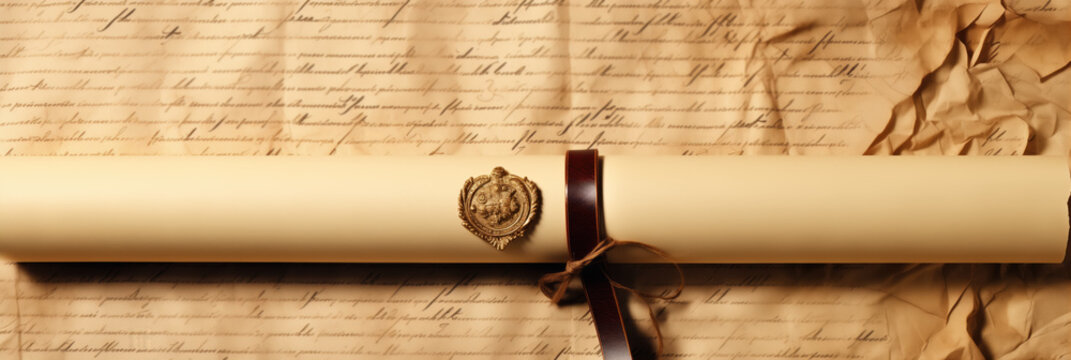 A parchment paper scroll with quill and inkpot reminiscent of historic presidential documents background with empty space for text 