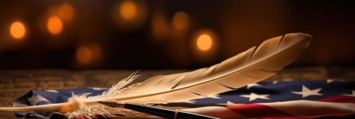 A quill pen resting on the Declaration of Independence symbolizing the birth of the nation background with empty space for text  - obrazy, fototapety, plakaty