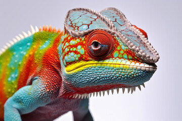 Beautiful rainbow colored chameleon macro photo close up on white background - obrazy, fototapety, plakaty
