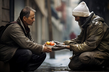 A passer-by shares food with a poor homeless person - obrazy, fototapety, plakaty