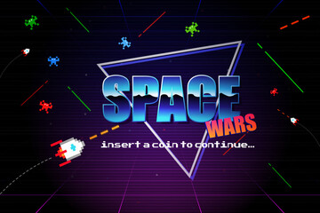 SPACE WAR INSERT A COIN TO CONTINUE .pixel art .8 bit game.retro game.Retro Futurism Sci-Fi Background