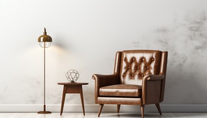 Obraz na płótnie Canvas Modern minimalist interior with comfortable armchair on empty white concrete wall background