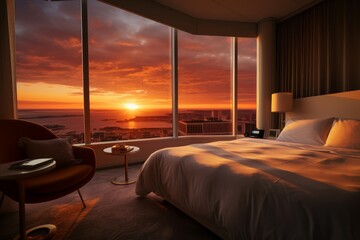 Captivating Hotel room sunset. Modern holiday. Generate Ai