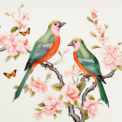 chinoiserie style birds, pink green orange colour pallette, isolated whitebackground