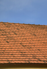 The roof of this square ceramic tile is red. The old type of roof covering in rich houses of the 19th century
