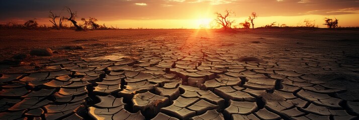 Metaphorical representation of drought and climate change dead trees on cracked earth