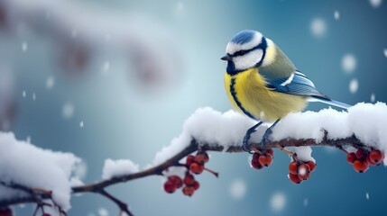 Blue tit bird sitting on a branch in the snow. Winter nature. Generative AI.