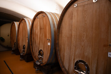 Wooden barrels. Production of cremant sparkling wine in south part of Luxembourg country on bank of...