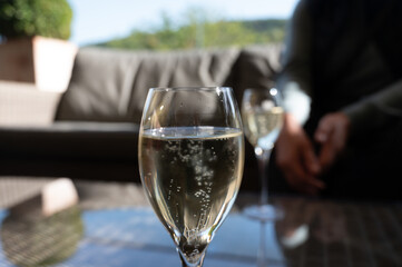 WIne tasting. Production of cremant sparkling wine in south part of Luxembourg country on bank of Moezel, also known as Mosel, Moselle or Musel river.