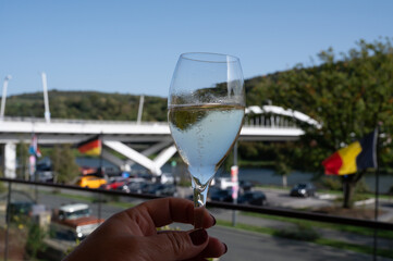 WIne tasting. Production of cremant sparkling wine in south part of Luxembourg country on bank of Moezel, also known as Mosel, Moselle or Musel river.